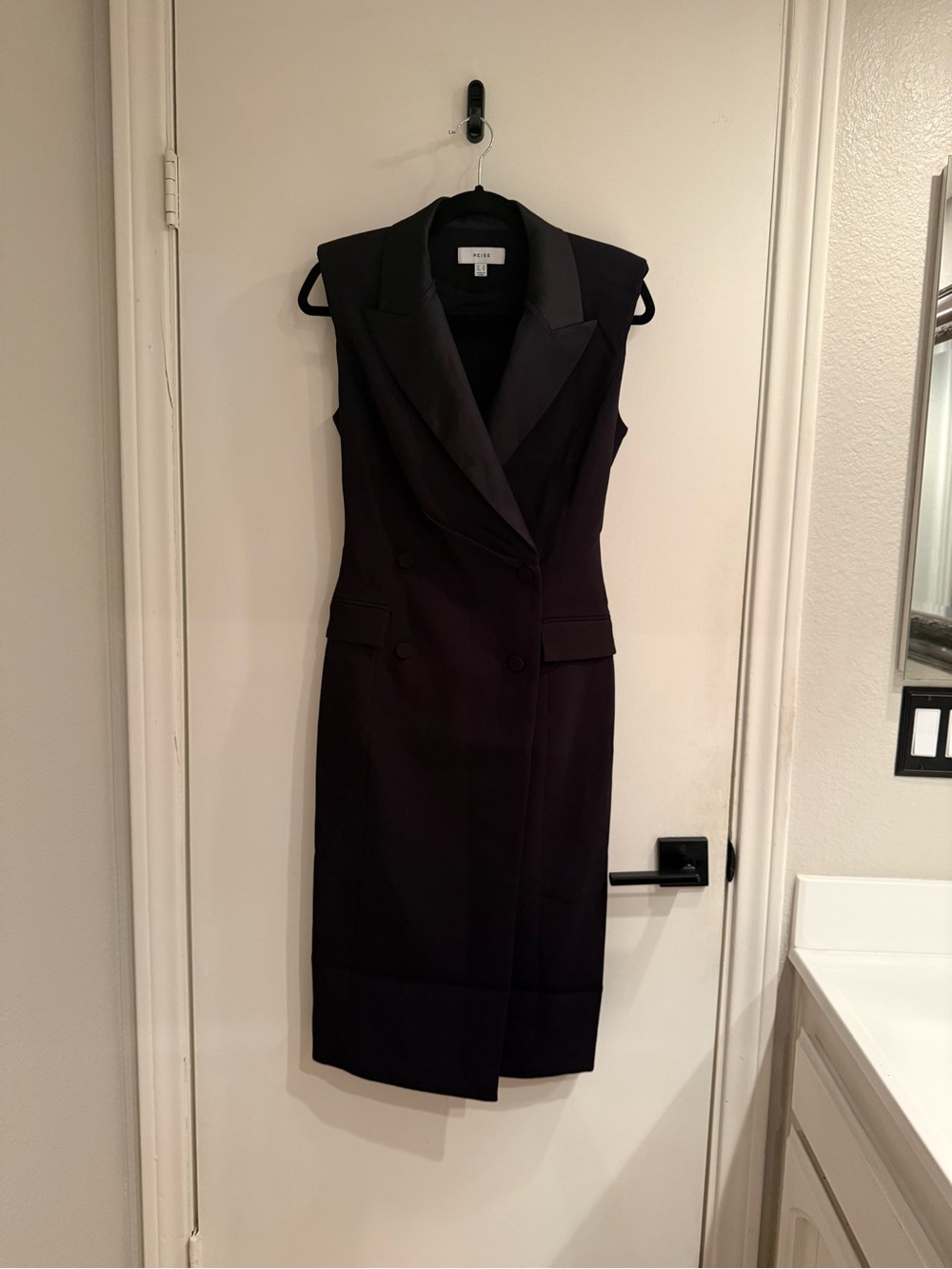 Reiss Black Tuxedo Sleeveless Double-Breasted Midi Sheath Dress